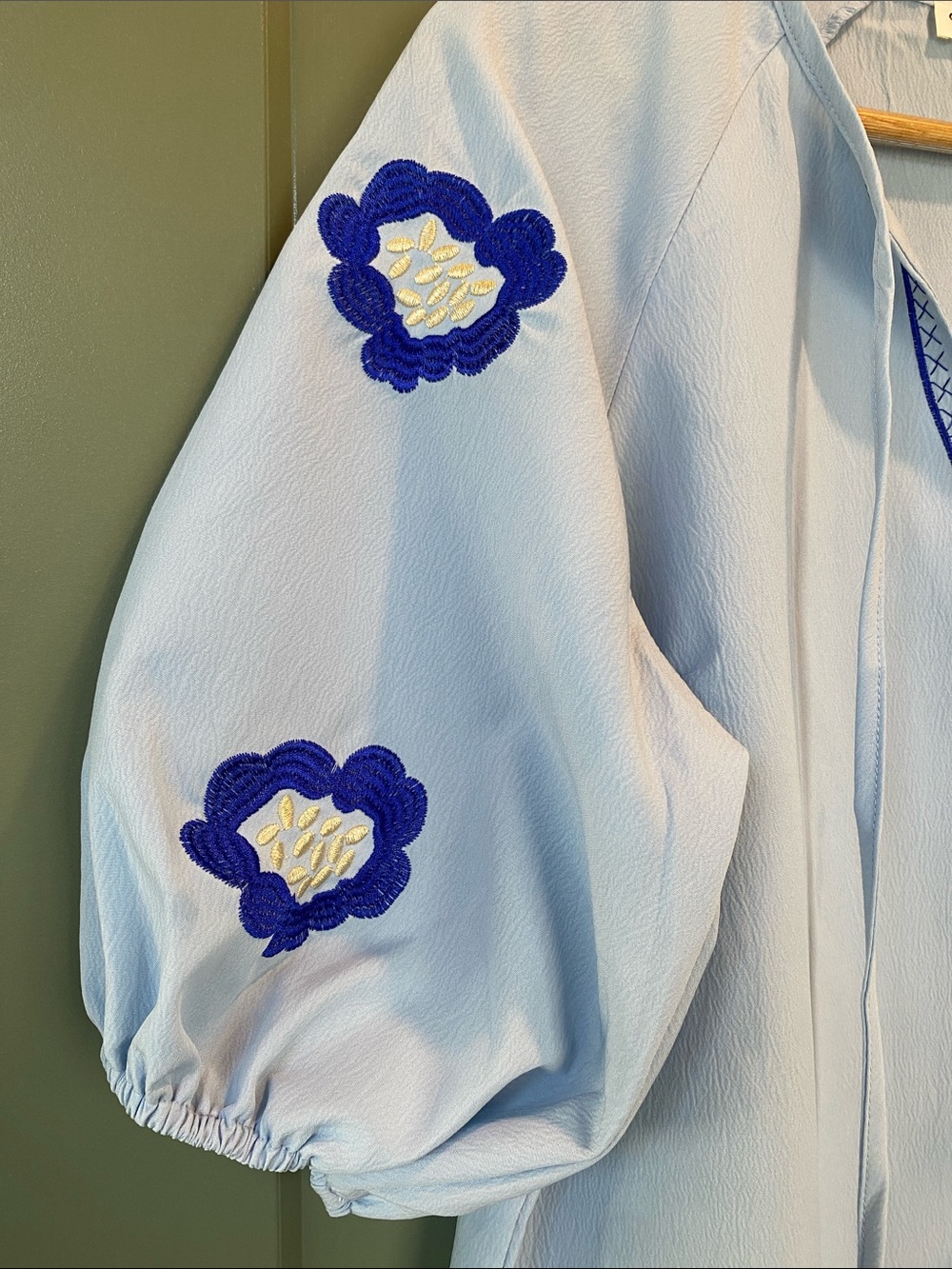Embroidered Light Blue Puff-Sleeve Peasant Blouse - Picture 4 of 7